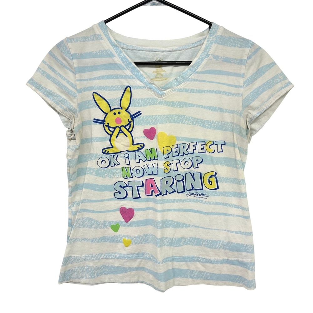 VTG Jim Benton Y2K Happy Bunny Graphic Striped V-Neck Tee XL Blue Kawaii Sassy